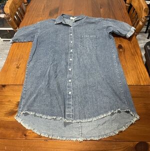 Porridge Womens Blue Denim Jean Short Sleeve Button Up Mini Tunic Dress Size Med